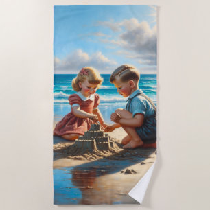 Children Building a Sandcastle on the Beach  Towel