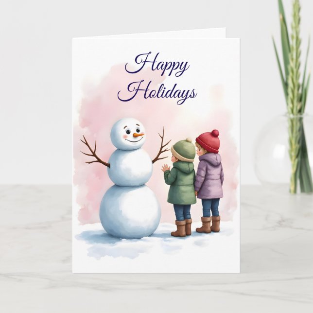 Children Building Snowman Winter Scene Blank  Card (Front)