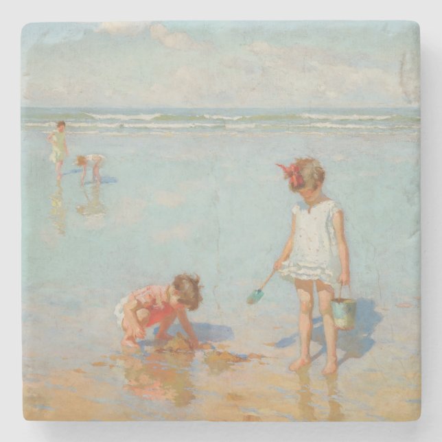 Children by the Sea (Summer Beach Scene) Stone Coaster (Front)