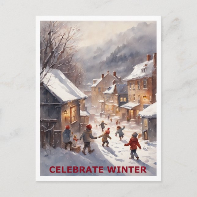 Children Celebrate Winter Snow Postcard (Front)