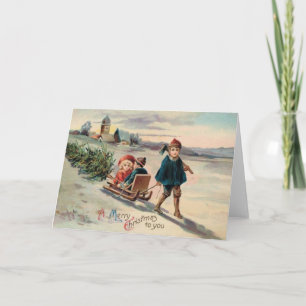 Children Christmas Tree Sled Sleigh Holiday Card
