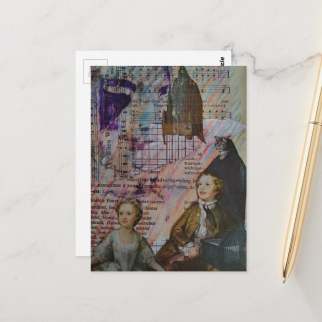 children dance cat bird cage sheet music collage postcard (Front/Back In Situ)