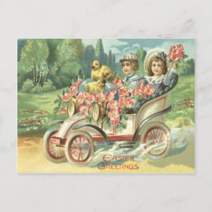 Children Easter Chick Vintage Car Floral Holiday Postcard