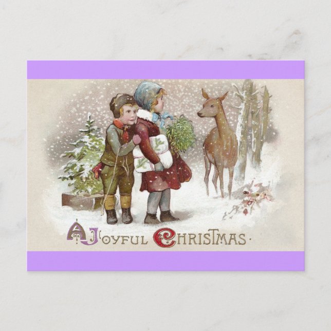 Children Encounter Deer on Snowy Day Vintage Postcard (Front)