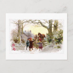 Children Feeding Horses Antique Christmas Holiday Postcard