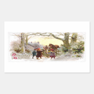 Children Feeding Horses Antique Christmas Rectangular Sticker