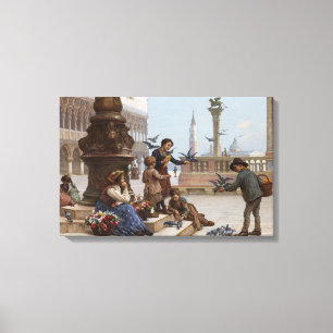 Children Feeding Pigeons in Venice (by Paoletti) Canvas Print
