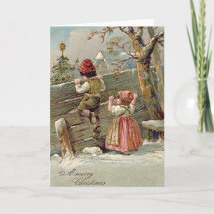 Children Fence Christmas Tree Winter Cottage Holiday Card