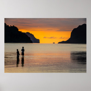Children Fishing At Sunset Poster