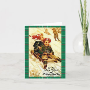 Children Fun Sledding Vintage Look Merry Christmas Note Card