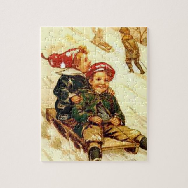 Children Fun Sledding Vintage Winter Scene Jigsaw Puzzle (Vertical)