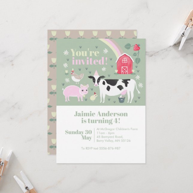 Children Green Fun Farm Animal Cow Birthday Invitation (Front/Back In Situ)