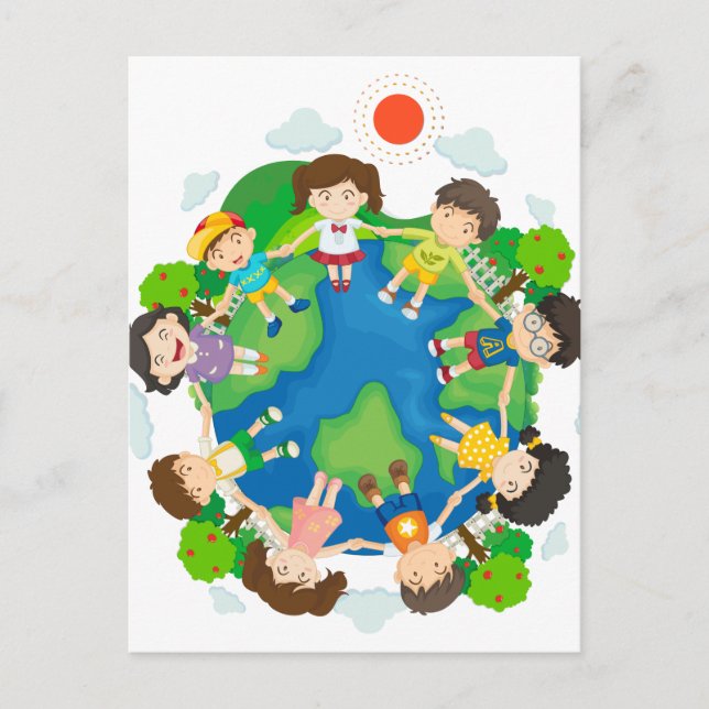 Children holding hands around the earth postcard (Front)