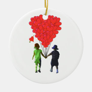 Children holding hands & heart shaped balloons ceramic tree decoration
