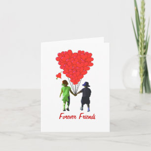 Children holding hands & heart shaped balloons holiday card