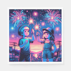 Children Holding up Fireworks on July 4th Napkin