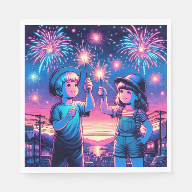 Children Holding up Fireworks on July 4th Napkin (Front)