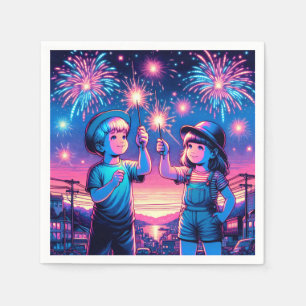 Children Holding up Fireworks on July 4th Napkin