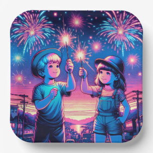 Children Holding up Fireworks on July 4th Paper Plate