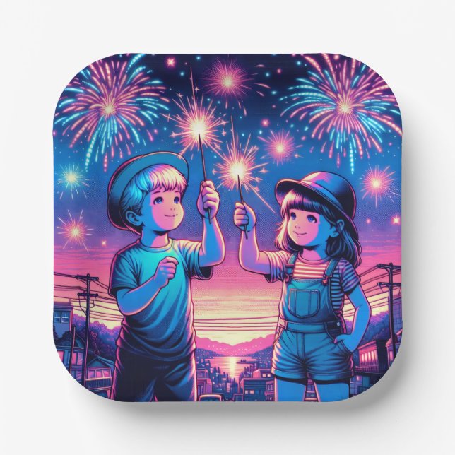 Children Holding up Fireworks on July 4th Paper Plate (Front)