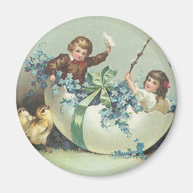 Children in Floral Eggshell Boat Vintage Magnet (Front)