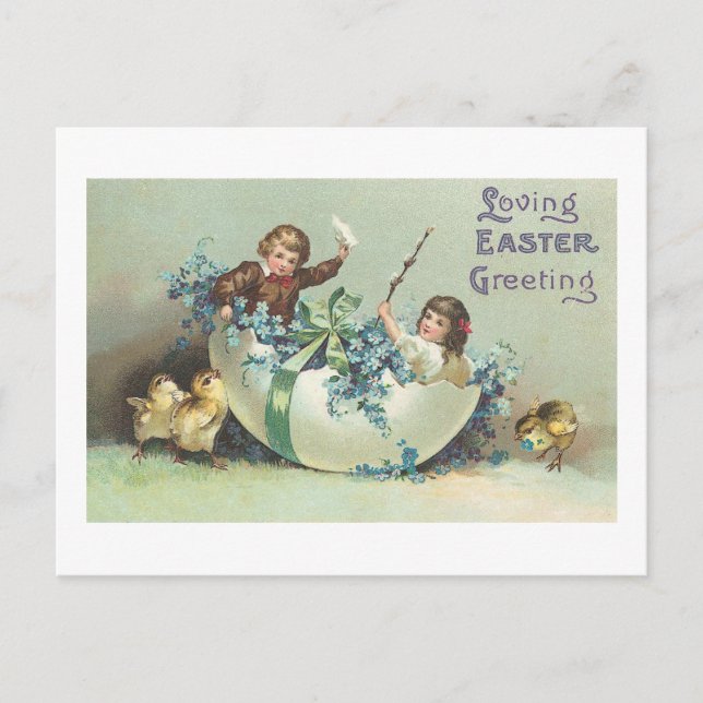 Children in Floral Eggshell Boat Vintage Postcard (Front)