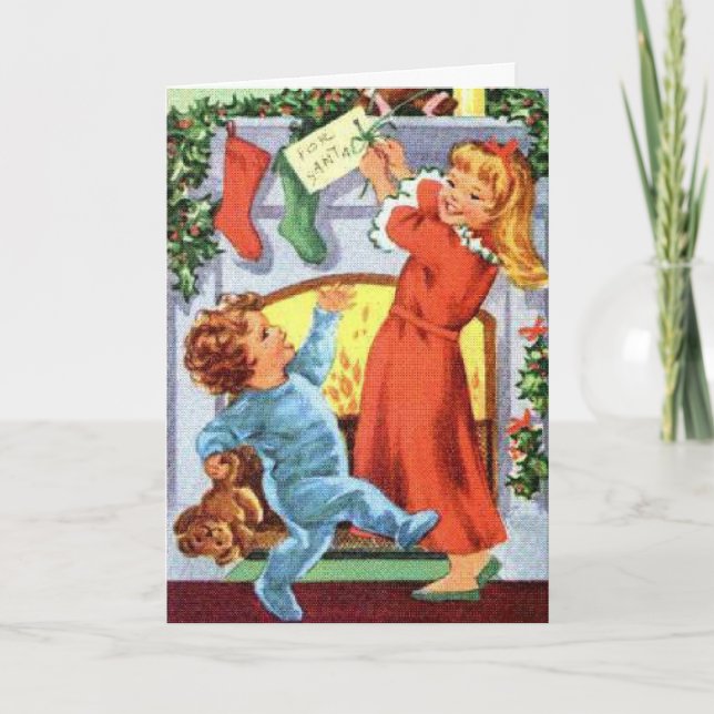 Children in footed pyjamas at Christmas Stockings Card (Front)