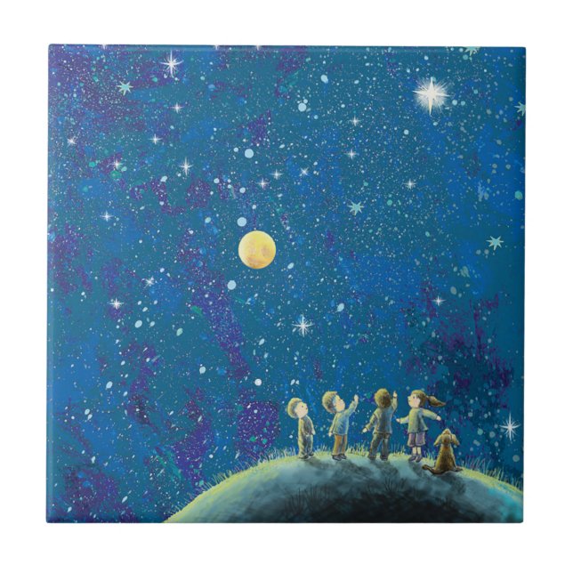 Children Looking At Night Sky  Tile (Front)