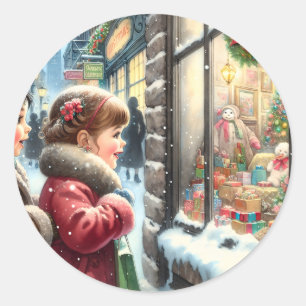 Children Looking into a Christmas Window Classic Round Sticker