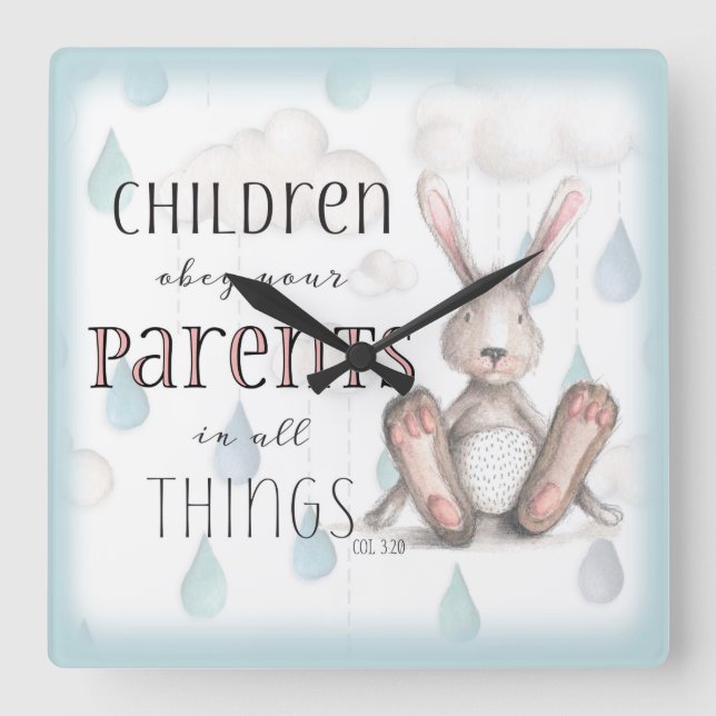 Children Obey Your Parents-Col 3:20 Blue Square Wall Clock (Front)