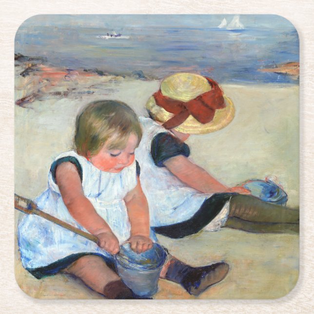 Children on the Beach, Cassatt Square Paper Coaster (Front)