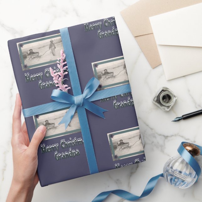 Children Photo Merry Christmas Grandpa Purple Wrapping Paper (Gifting)