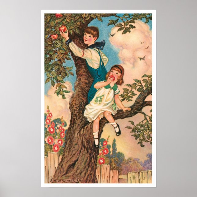 Children Picking Apples Art Print Poster (Front)