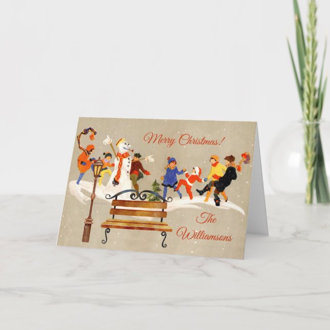 Children Play in Snow Charming Art Deco Name Holiday Card (Front)