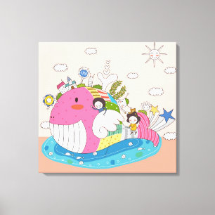 Children playing by fish in pond canvas print