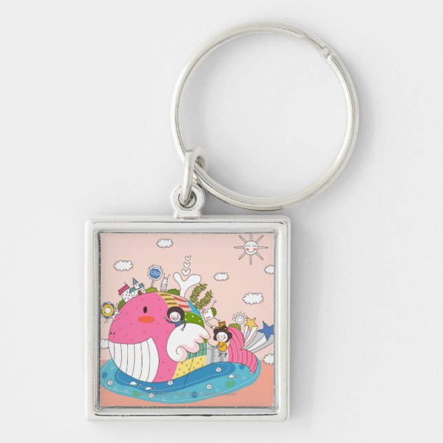 Children playing by fish in pond key ring (Front)