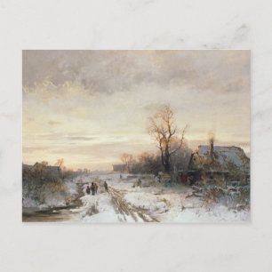 Children playing in a winter landscape postcard