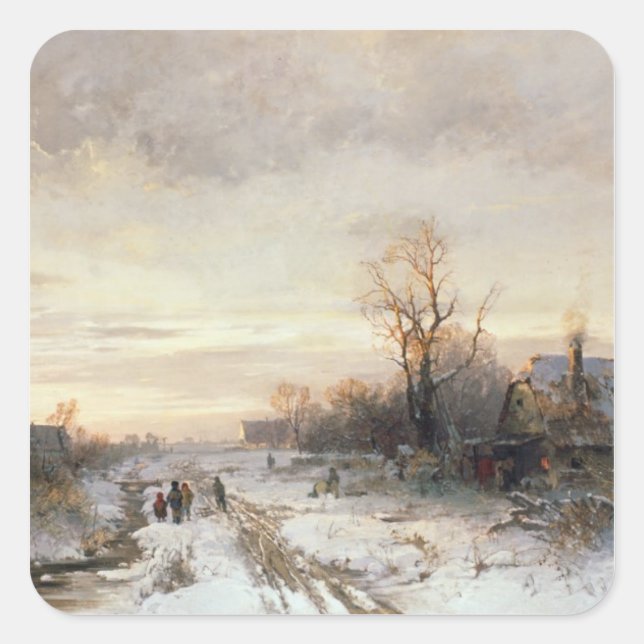 Children playing in a winter landscape square sticker (Front)