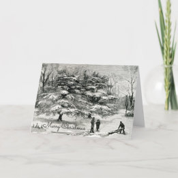 Children Playing in Snow Winter Holiday Card