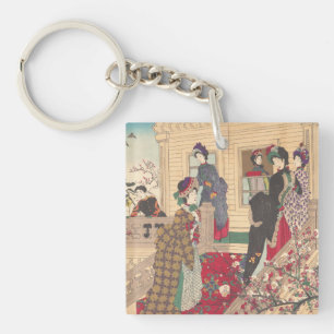 Children Playing in the Snow under Plum Trees Key Ring