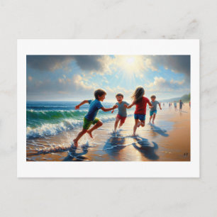 Children Playing On A Sunny Beach, Postcard