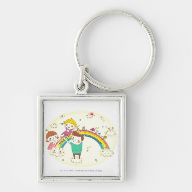 Children playing on rainbow key ring (Front)
