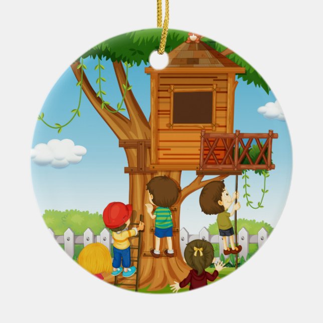 Children playing on the treehouse ceramic tree decoration (Front)