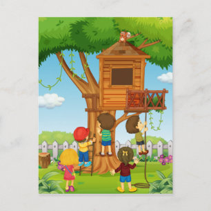 Children playing on the treehouse postcard