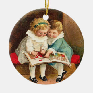 Children Reading Book Christmas Card Ceramic Tree Decoration