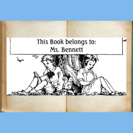 Children Reading Bookplate Rubber Stamp