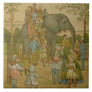 Children Riding on the Elephant (litho) Tile