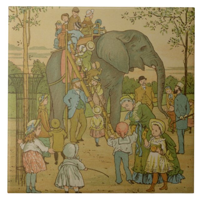 Children Riding on the Elephant (litho) Tile (Front)