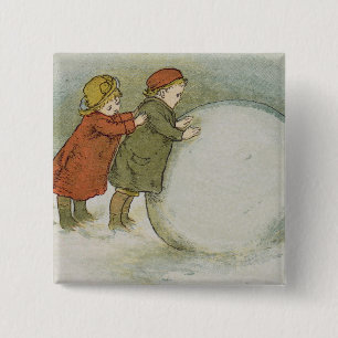 Children Rolling Snowballs 15 Cm Square Badge