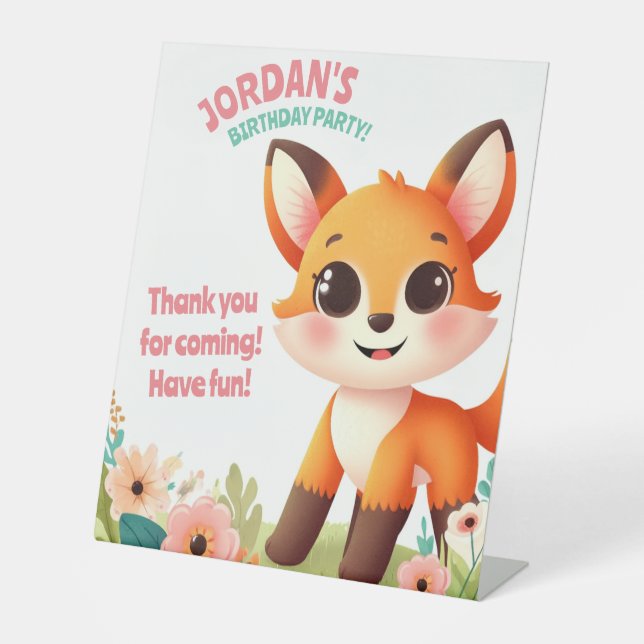 Children’s Cute Little Fox Birthday Party Pedestal Sign (Front)